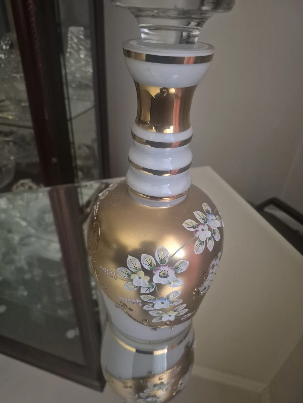 Decorative White and Gold Glass Decanter with Floral Motif